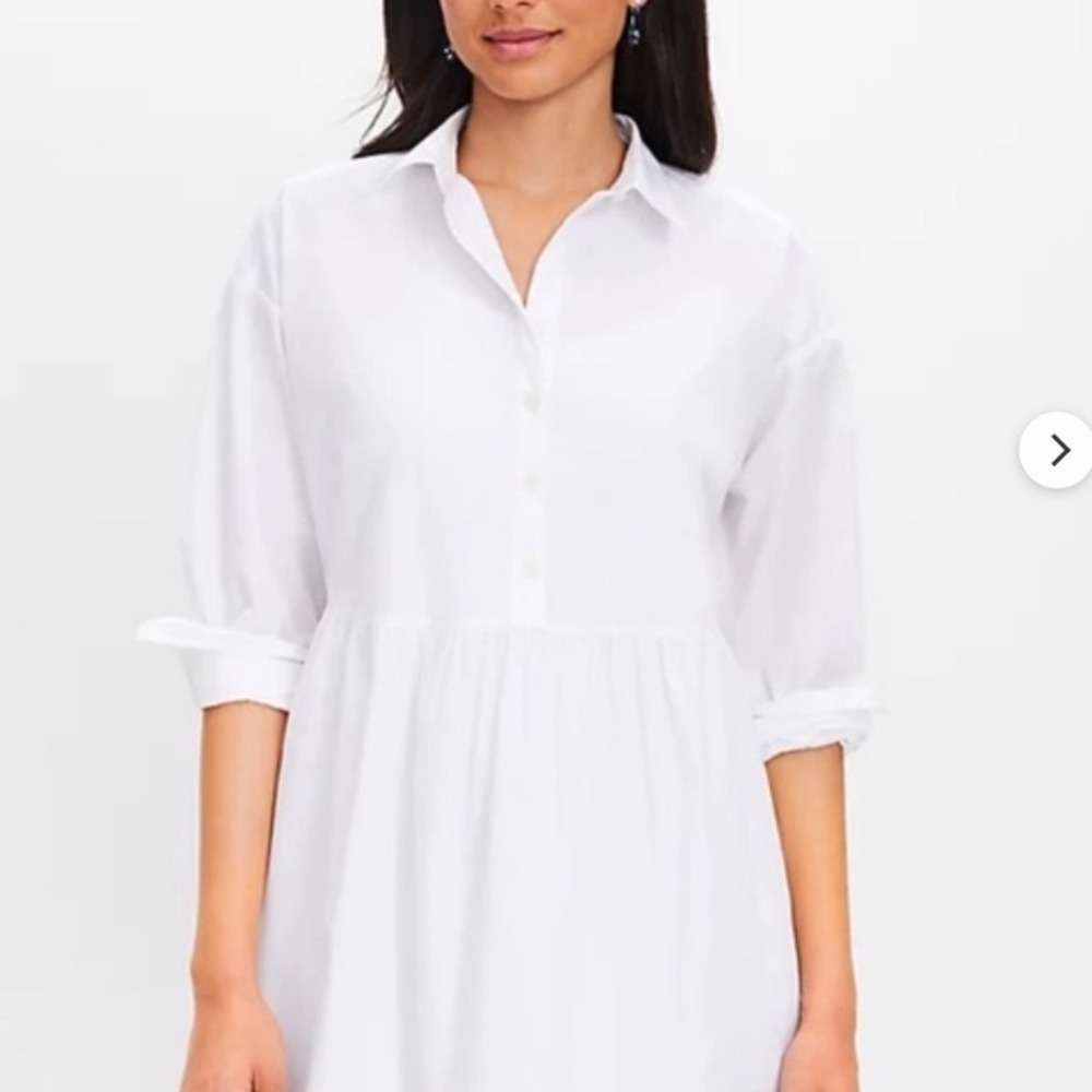 LOFT White Cotton Babydoll Shirt Dress Long Sleeve Collared Medium Petite Slip